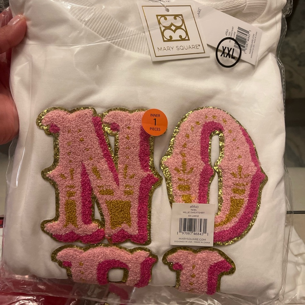 NWT 2XL Mary Square NOEL White Sweatshirt with Patch Pink and Gold Lettering